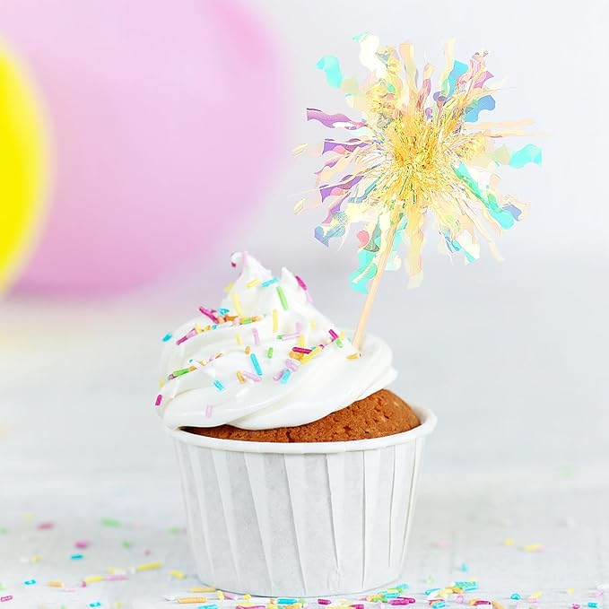 Rsstarxi 30 Pack Firework Cupcake Toppers Sparkle Tinsel Drink Birthday Cake Decorations Cocktail Food Fruit Toothpick for Valentine's Day Wedding Birthday Party Decorations Yellow