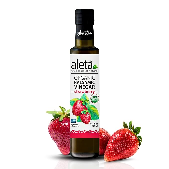 Aleta Farms Balsamic Vinegar, Greek Organic Strawberry Infused Aged Balsamic Vinegar, USDA Organic, Perfect for Salad Dressings, Pasta, Desserts & Cocktails, Glass Bottle, 8.45 fl oz (Strawberry)