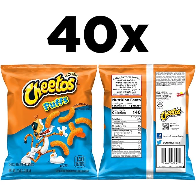 Cheetos Cheese Flavored Snacks, Puffs, 0.875 Ounce (Pack of 40)