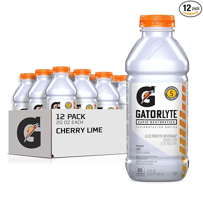 Gatorlyte Rapid Rehydration Electrolyte Drink, Cherry Lime, Specialized Blend of 5 Electrolytes, Lower Sugar, No Artificial Sweeteners, No Artificial Flavors, 20 fl oz Bottles (12 Pack)