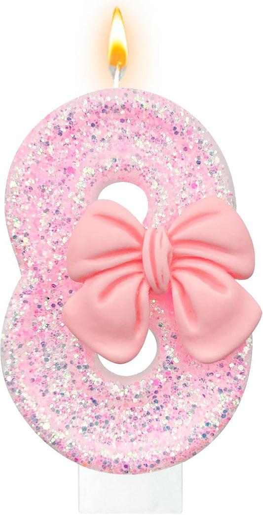 Birthday Cake Candles, Pink Glitter with Bow Cake Candles, Birthday Party Cake Toppers, Cute Birthday Candle Decorations (8)