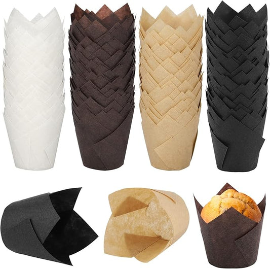 Ruisita 200 Pieces Mini Tulip Cupcake Liners, Tulip Baking Cups, Greaseproof Cupcake Muffin Liners, Muffin Cases Wrappers for Wedding Birthday Party Baby Shower, Brown, White, Natural, Black
