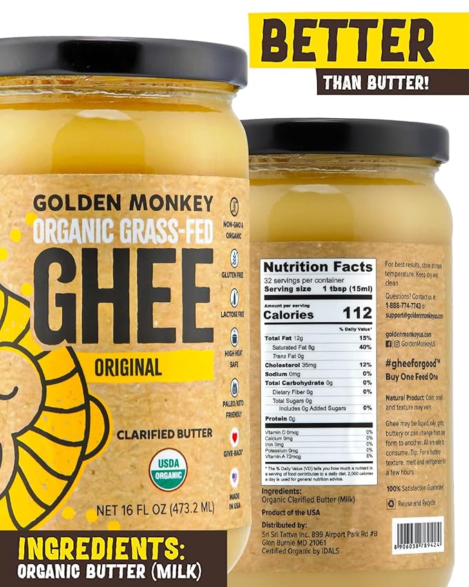 GOLDEN MONKEY Organic Ghee Butter ??Grass Fed Clarified Butter for Cooking, Baking, Keto & Gut Health ??Ghee Butter Organic Grass Fed from Small Farms ??Smooth Spread with High Smoke Point (16oz)