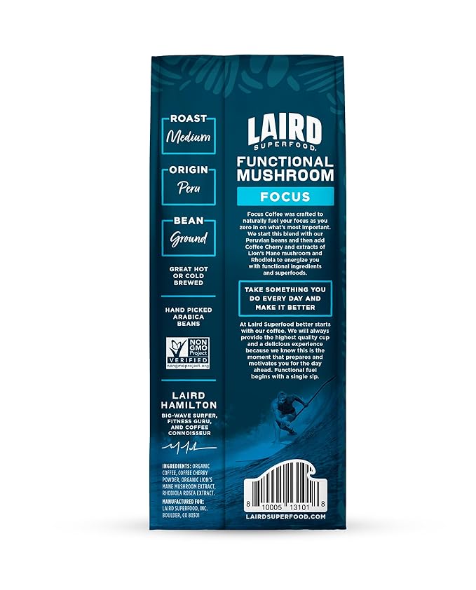 Laird Superfood Focus Coffee, Medium Roast Ground Coffee Infused with Functional Mushrooms and Botanical Adaptogens, 12 oz. Bag