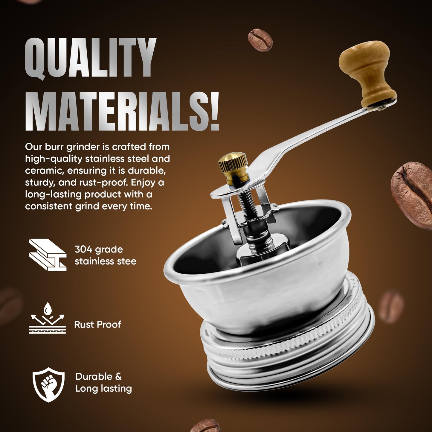 Stainless Steel Coffee Grinder Lid Attachment for Regular Mouth Mason Jars - Manual Crank Burr