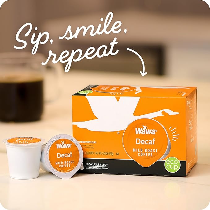 Wawa Mild Roast Single Cup Decaf Coffee Pods, 12 Pods, 1 Box, Regular Smooth & Balanced Classic Decaf Blend, Single Serve, 100% More Responsibly Sourced from Rainforest Alliance Certified Farms