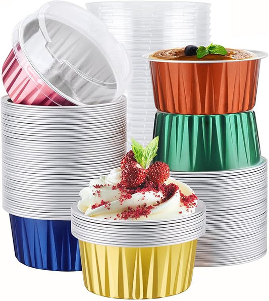 EUSOAR Disposable Ramekins with Lids, 5oz 100pcs Muffin Liners Cups with Lids, Creme Brulee Foil Ramekins, Aluminum Foil Cupcake Baking Cups, for Party Favor Birthday 5 Colors Mixed