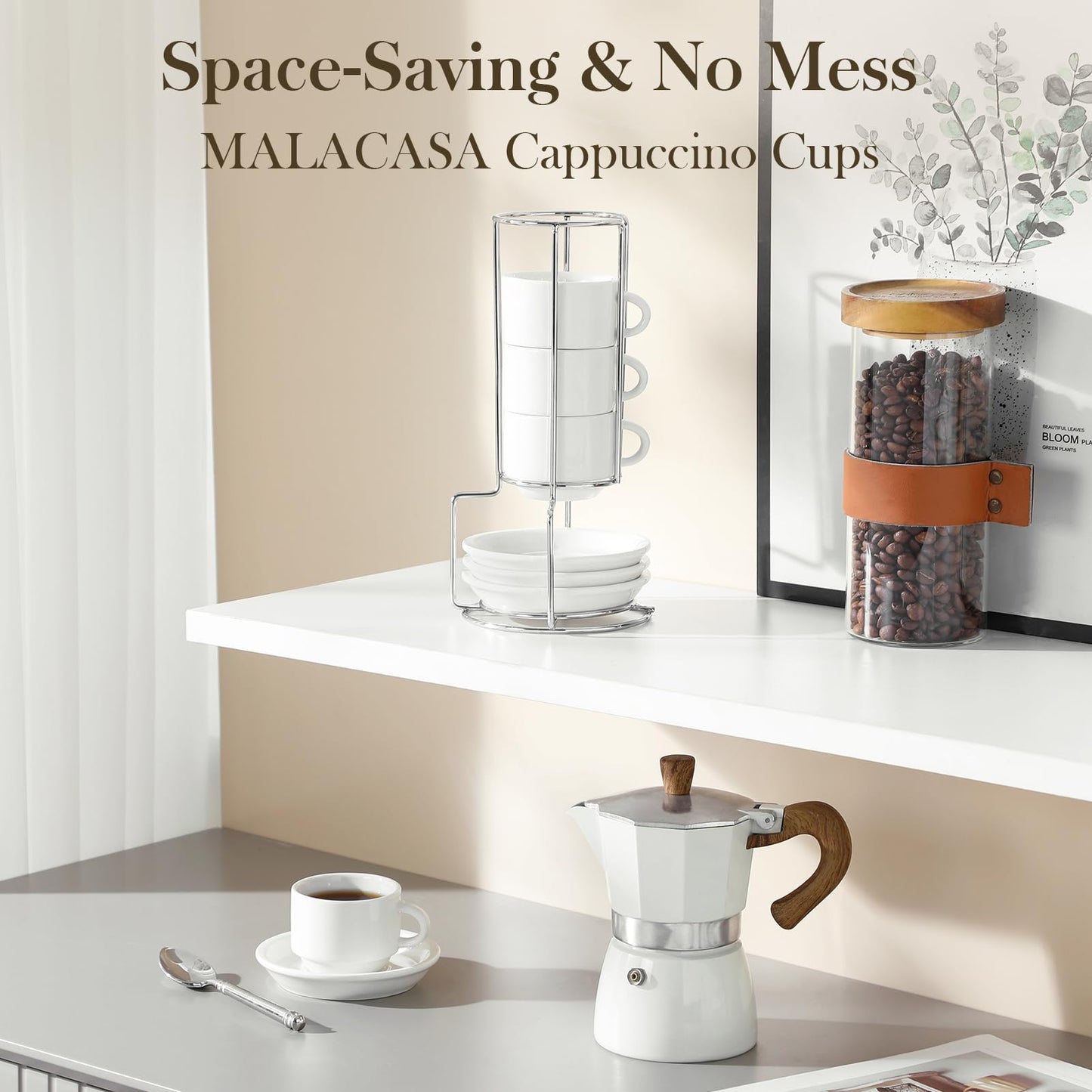 MALACASA 2.5 OZ Porcelain Espresso Cups with Saucers and Metal Stand Set of 4, Stackable Cappuccino