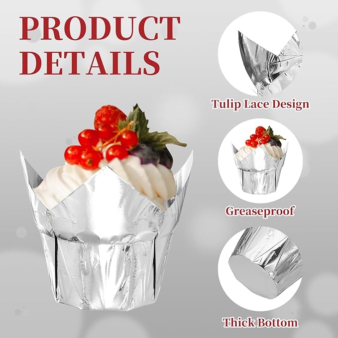 uxcell 100 Pcs Tulip Cupcake Liners, Muffins Liners Aluminum Foil Cupcake Wrappers Baking Cups Muffins Liners for Wedding Birthday Party Supplies, Silver