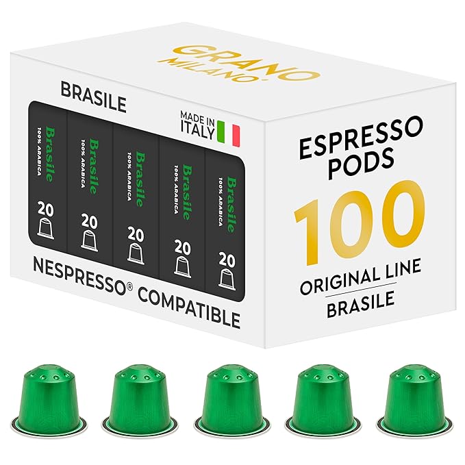 Grano Milano Brasile Coffee Capsules - 100 Aluminum Coffee Pods Compatible with Nespresso Original line,100% Arabica Medium Roast - Intensity 7/12, Made in Italy