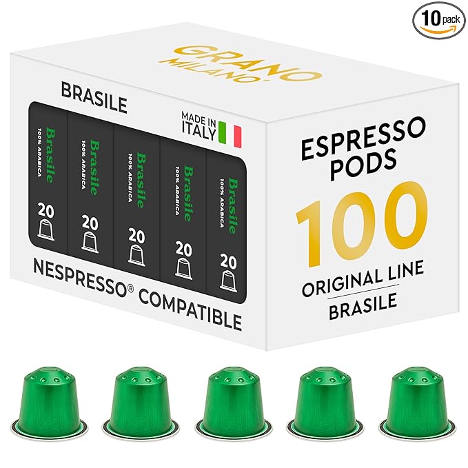Grano Milano Brasile Coffee Capsules - 100 Aluminum Coffee Pods Compatible with Nespresso Original line,100% Arabica Medium Roast - Intensity 7/12, Made in Italy