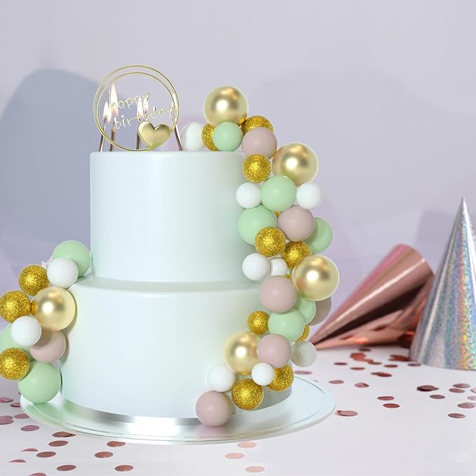ASTARON 50 Pcs Ball Cake Topper Sticks Mini Balloons for Cake Decorating Supplies Foam Balls Cake decorations for Baby Shower Cake Birthday Cake Toppers Decorations (Light Brown竊똆reen)