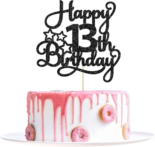 1 Pack Happy 13th Birthday Cake Topper Black Glitter 13 Official Teenager Cheers to 13 Years Old Birthday Cake Pick for Celebrating 13th Birthday Anniversary Party Cake Decorations Supplies