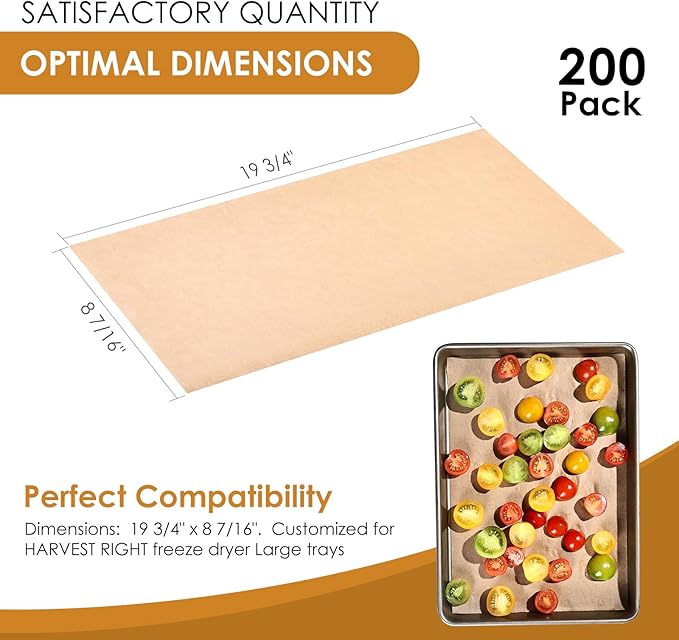 KitchenRaku 200 Pack Parchment Paper For Harvest Right Freeze Dryer Trays, Disposable Accessories for Freeze Dryer Trays, Prevent Food Items From Sticking (PPA11, 19 3/4" x 8 7/16",Large)