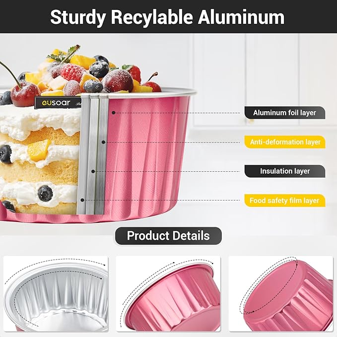 EUSOAR Disposable Ramekins with Lids, 60pcs 5oz Foil Dessert Cups, Aluminum Baking Cups Liners Mini Cupcake Containers Cheesecake Creme Brulee Ramekins for Wedding Party Catering Gathering-Carmine