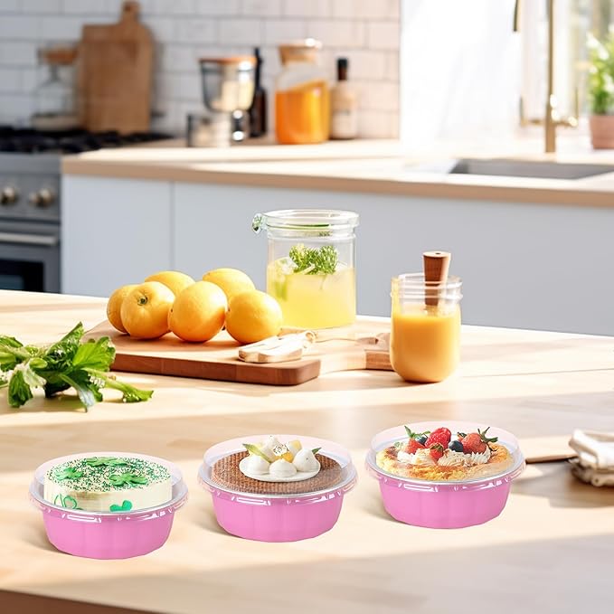 Beasea 8 oz Ramekins with Lids, 120 Pack 8 oz 4 Inch Disposable Mini Pink Aluminum Foil Creme Brulee Baking Cups Small Round Cupcake Tart Pie Tins Pans Individual Containers Oven Safe