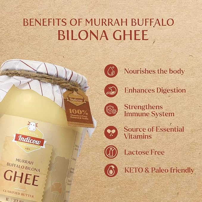 Indicow Murrah Buffalo Desi Ghee | Grass Fed Buffalo| Pure Authentic Vedic (1000ML(33.8oz), Buffalo Ghee) |Clarified Butter | Price revision soon