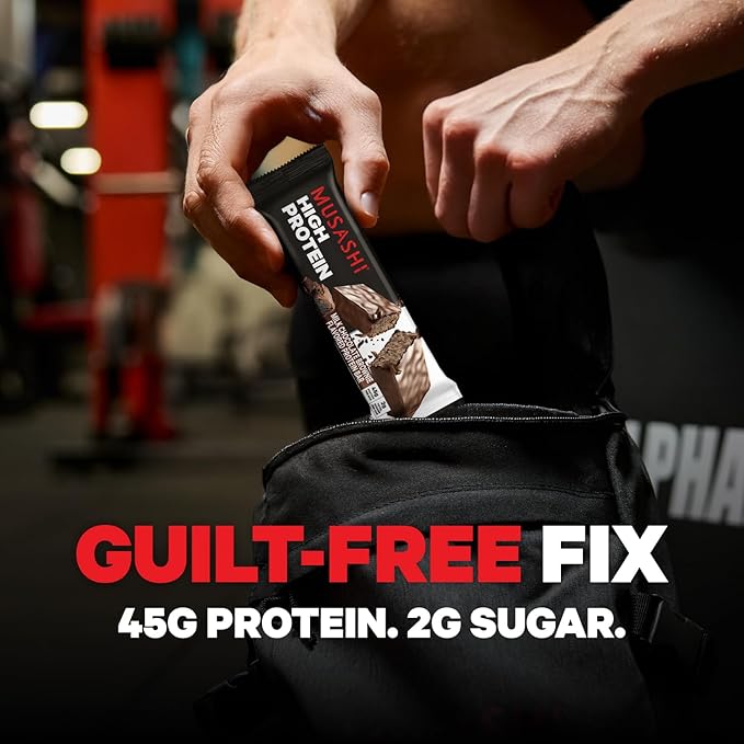 MUSASHI High Protein Bar, 45g Protein, 2g Total Sugars, Milk Chocolate Brownie, Post Workout and Protein Snack On The Go, 12 Pack of 3.2oz (90g) Bars