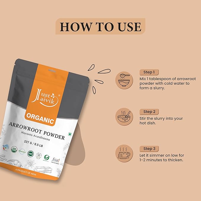 Just Jaivik USDA Certified Organic Arrowroot Powder - Gluten Free, Non GMO, Vegan Friendly, Natural Thickening Agent for Cooking and Baking