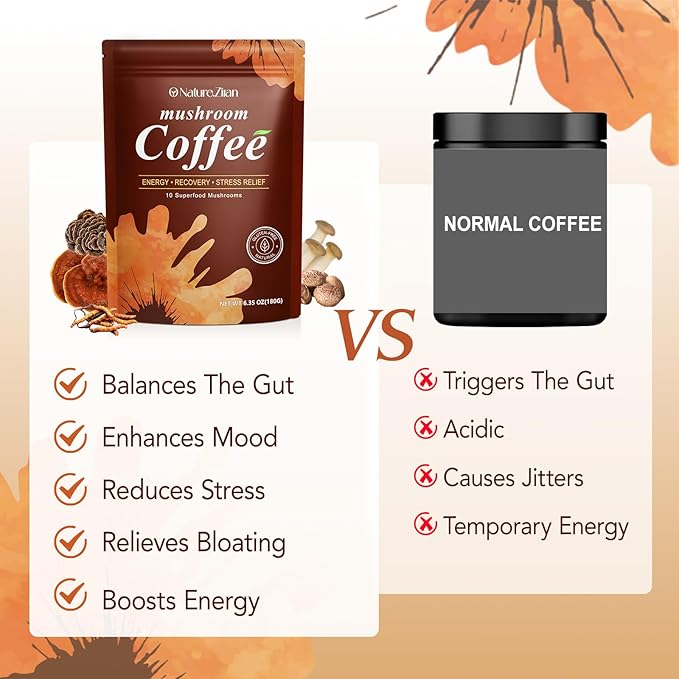 Mushroom Coffee Organic with 10 Adaptogenic Mushrooms, Grown Instant Coffee for Better Energy, Focus, Digestion, Immunity with Lions Mane & Turkey Tail, 30 servings