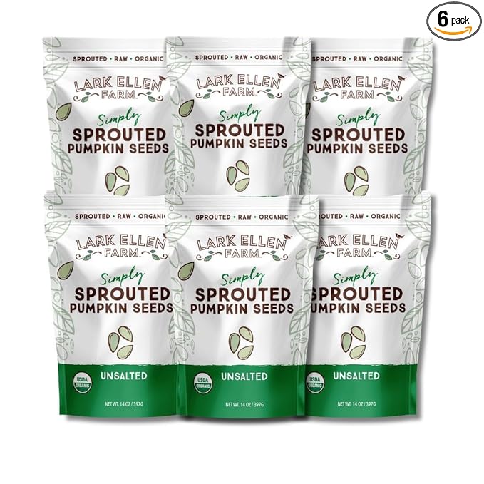 Lark Ellen Farm Sprouted Organic Pumpkin Seeds, Unsalted Raw Pumpkin Seeds Organic, Pepitas, Vegan, Non GMO, Gluten Free, Paleo, and Keto Friendly (14 oz, 6 Pack)