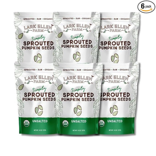 Lark Ellen Farm Sprouted Organic Pumpkin Seeds, Unsalted Raw Pumpkin Seeds Organic, Pepitas, Vegan, Non GMO, Gluten Free, Paleo, and Keto Friendly (14 oz, 6 Pack)