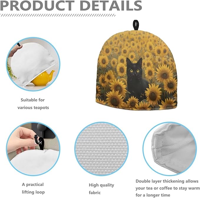 Sunflowers Cat Tea Cozy for Teapot Dome Teapot Cover Customized Teapot Covers Cozy for Teapot with Handle Dust Cover Can Hung and Folded Kitchen Kettle Dust Cover 竊늀range竊?"<div>