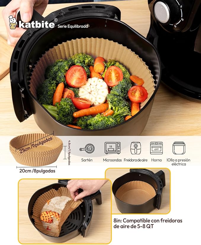 Katbite Round Air Fryer Liners Disposable, 8 inch Non-Stick Air Fryer Paper Liners, Unbleached Parchment Paper for 5 to 8 Qt Basket; Frying, Baking, Cooking, Roasting - Easy Cleanup - 130pcs