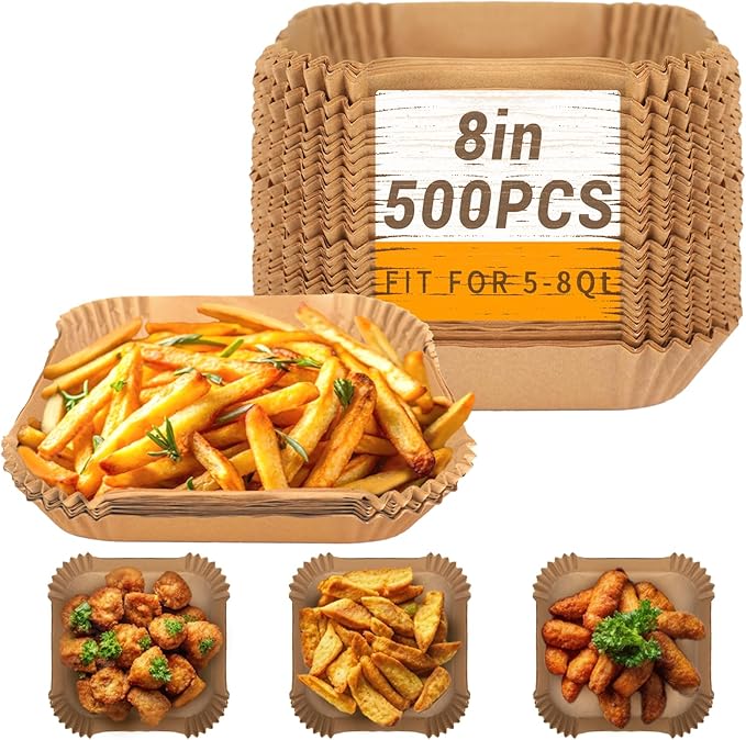 500Pcs Air Fryer Paper Liners, 8??Square Disposable Parchment Paper Liner for 5-8 QT Air Fryer, Non-Stick, Oil Proof Unbleached Airfryer for Baking, Roasting Microwave