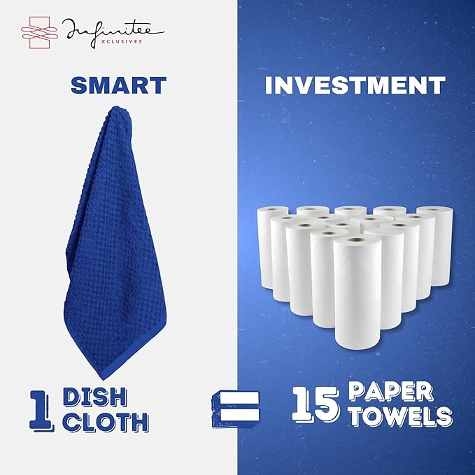 Infinitee Xclusives Premium Dish Cloth 100% Cotton 12 x 12 Inches |Pack of 4| - Ultra Soft Tea Towels - Highly Absorbent Kitchen Rags - Terry Dishcloth for Kitchen and Household Cleaning |Mighty Blue|