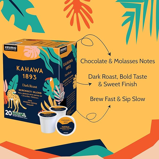 Kahawa 1893 Dark Roast Coffee K-Cup Pods Serengeti Blend (20 Count) - As Seen on Shark Tank, Low Acid, High Antioxidants, Naturally Sweet, Organically Grown, Ethically & Sustainably Sourced