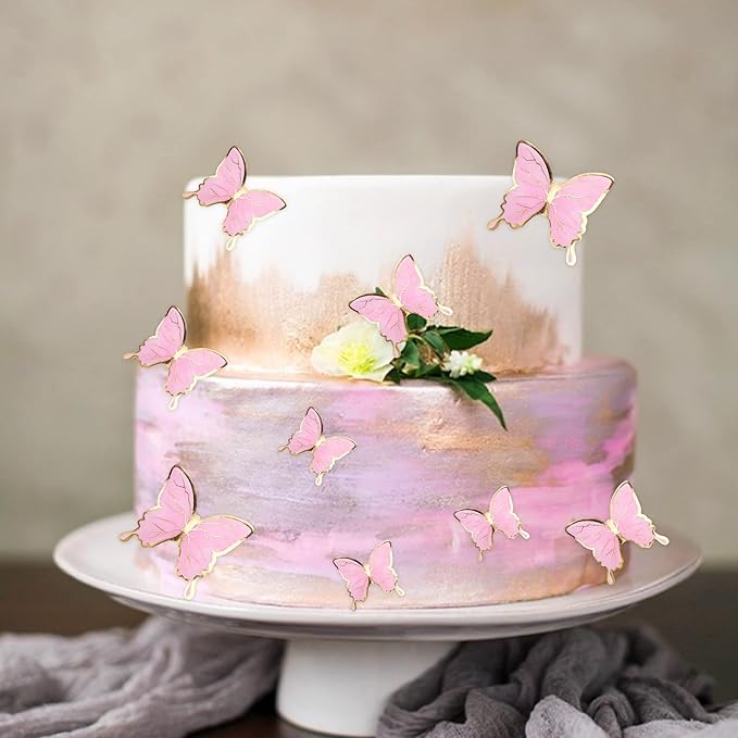 30PCS Butterfly Cake Toppers 3D Pink Gold Tail Butterfly Birthday Party Cupcake Toppers Decorations for Anniversary Wedding Party Baby Shower Supplies Wall Decor