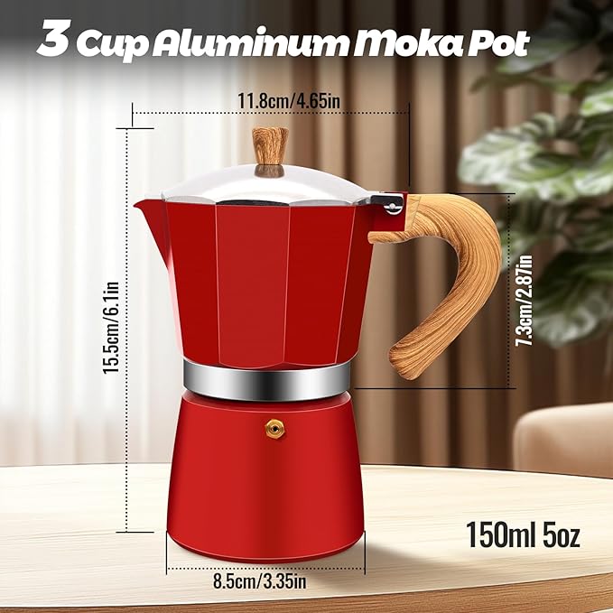 3 Cup Aluminum Moka Pot Classic Stovetop Espresso Coffee Maker 150ml 5oz Coffeemaker Percolator Mocha Pot Greca Coffee Maker Cafe Makers for Italian and Cuban Cafì±?Brewing Red