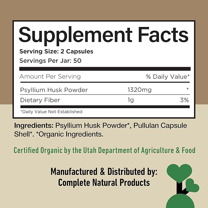Pure Natural Whole Psyllium Husk Powder Capsules - 660mg Capsules 100 Pure Unflavored Fiber & Colon Cleanse Pills