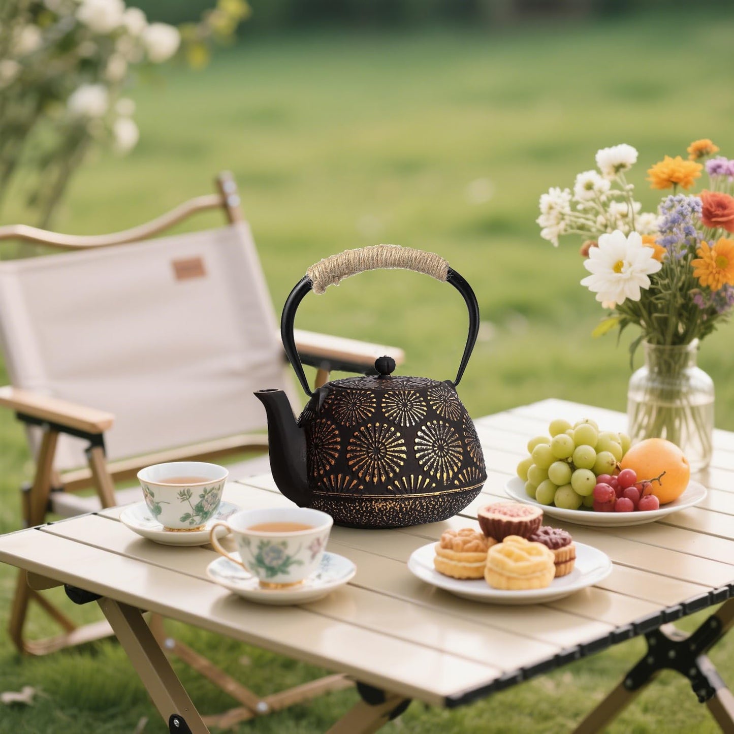 TiwisiTe Cast Iron Teapot 40oz Infuser, Gold Gilt Enamel Lining