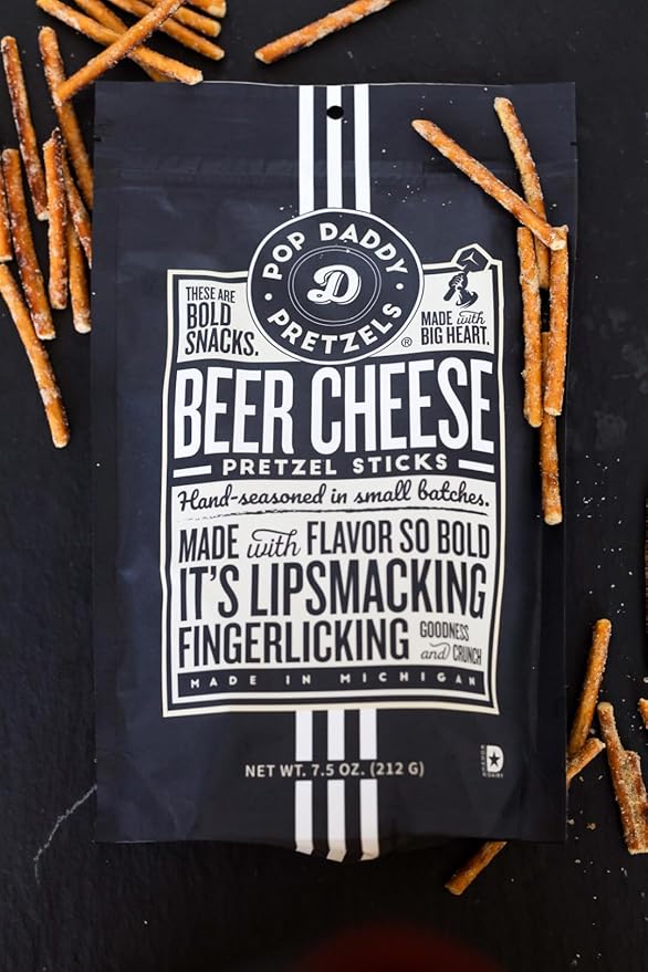Pop Daddy Flavored Pretzels Sticks, Healthy Gourmet Pretzels Snacks, 7.5oz Individual Bags, 3 Pack, Beer Cheese