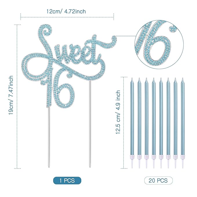 Tondiamo Sweet 16 Birthday Decorations Rhinestone Sweet 16 Cake Toppers 20 Pcs Metallic Happy Birthday Candles 16 Cake Decorations for Cupcake Decor (Blue)
