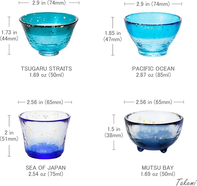 Japanese sake glass Handcrafted Mini Glass Set Elegant Japanese Sake Cups Perfect for Any Occasion Made in Japan (Four Ocean Blues (4 pcs), Sake Glass (1.7-2.9 fl oz))