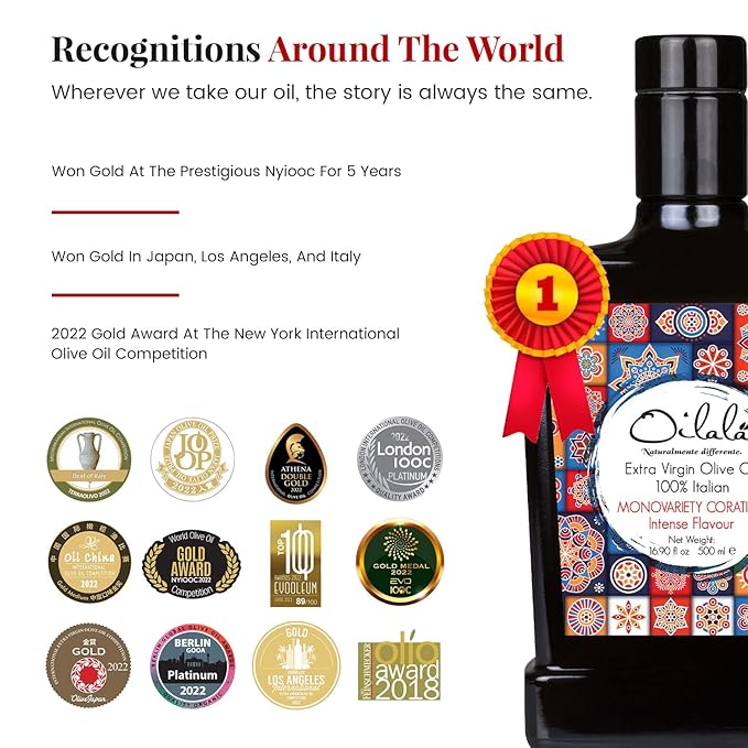 Oilala Extra Virgin Olive Oil, Robust Flavor, 2024 Gold Medal, Polyphenol Rich 707 mg/kg filtered,Italian Family Farm Puglia, Italy, Coratina, 2024/25 Harvest, 500ml (16.9 FL Oz)