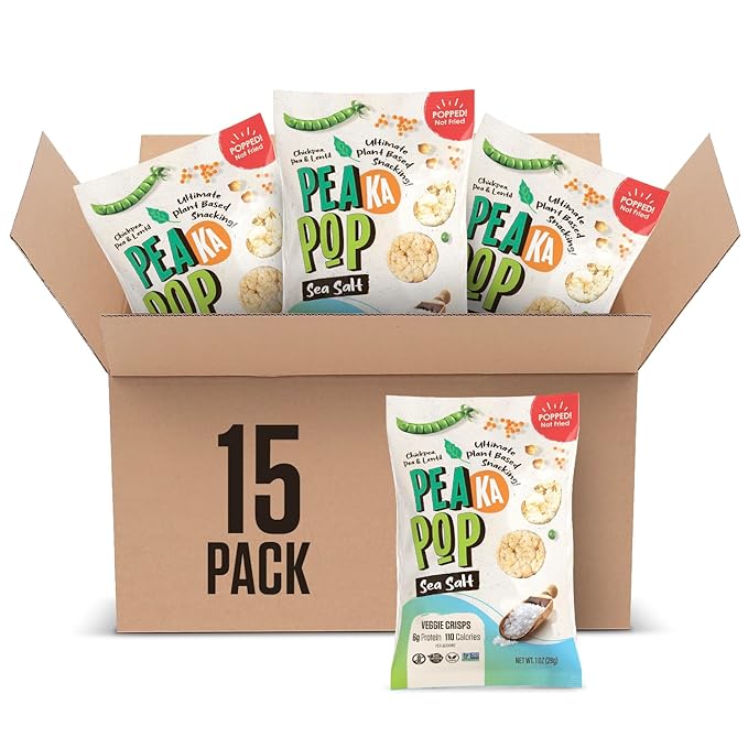 PeaKaPop Veggie Chips ??Plant-Based, Healthy Veggie Crisps with Pea, Lentil & Chickpea Protein ??Vegan, Gluten-Free, Popped Chips ??Snack Size for Kids & Adults ??1 oz Bags (15-Pack) ??Sea Salt