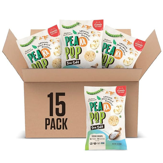 PeaKaPop Veggie Chips ??Plant-Based, Healthy Veggie Crisps with Pea, Lentil & Chickpea Protein ??Vegan, Gluten-Free, Popped Chips ??Snack Size for Kids & Adults ??1 oz Bags (15-Pack) ??Sea Salt