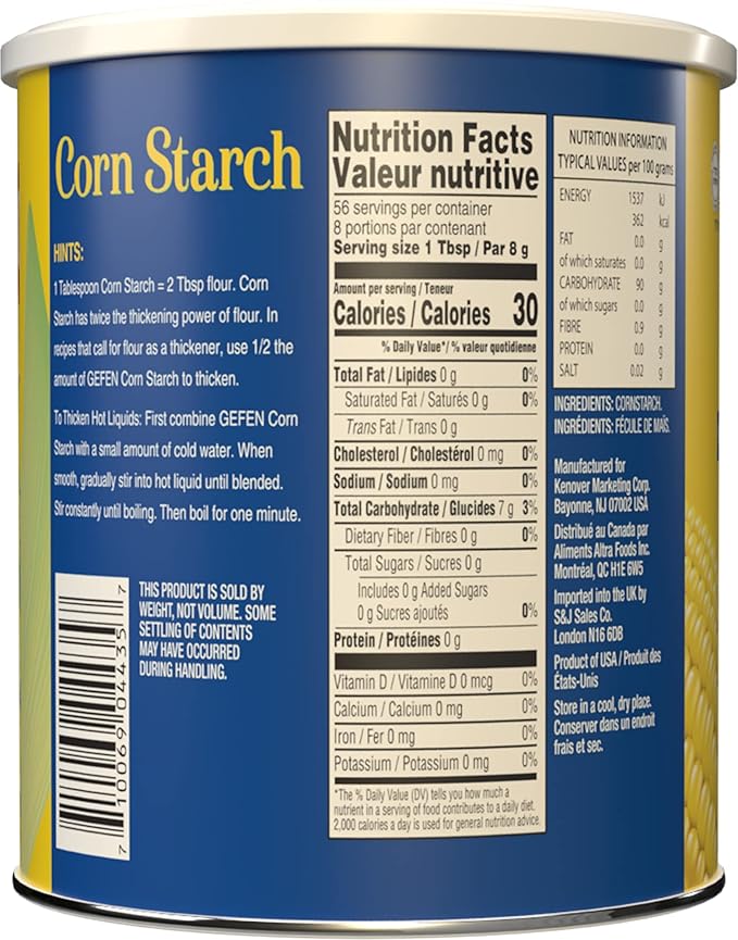 Gefen Corn Starch 100% Pure, 16oz, Resealable Lid, (2 Pack, Total 2 Lbs) Gluten Free Thickener, Just One Ingredient, Cornstarch