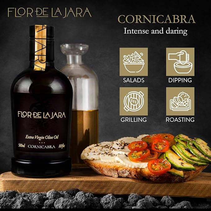FLOR DE LA JARA Premium Extra Virgin Olive Oil from Spain, First Cold Pressed, Polyphenol-Rich, Monovarietal Cornicabra, Hand-Harvested Olives, Family-Owned Grove, Low Acidity (0.27%), 16.9 fl oz (500ml)