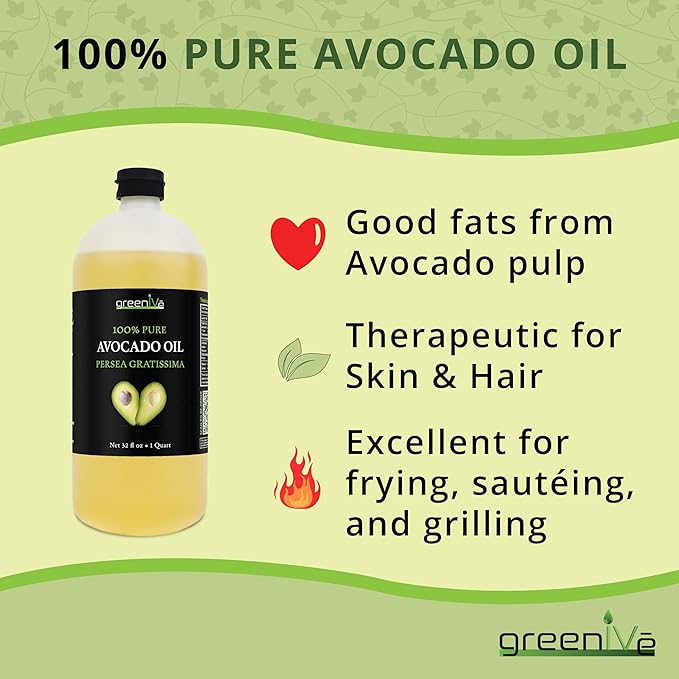 GreenIVe Avocado Oil Naturally Grown 100% Pure Natural without Additives, Clean, Cold Pressed, Non-GMO, Vegan: For Cooking, Frying, Baking and for Sauces, Dressings, Marinades, Salads (32 Ounce)