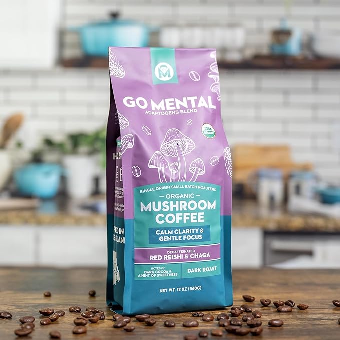 Organic Mushroom Decaffeinated Coffee Dark Roast, Swiss Water Water Process, Red Reishi & Chaga, Decaf for Calm and Relaxed Focus, Grade 1 Single Origin Peruvian 12oz - Ground (2 Pack)