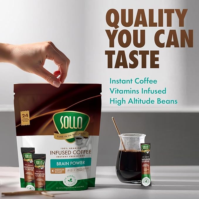 Sollo Brain Power Instant Coffee Sticks (24 Servings) Cinnamon Notes - Dark Roast, Enhanced Brain Function & Immune Support, Focus, Bold & Smooth Taste, 100% Arabica Freeze Dry.