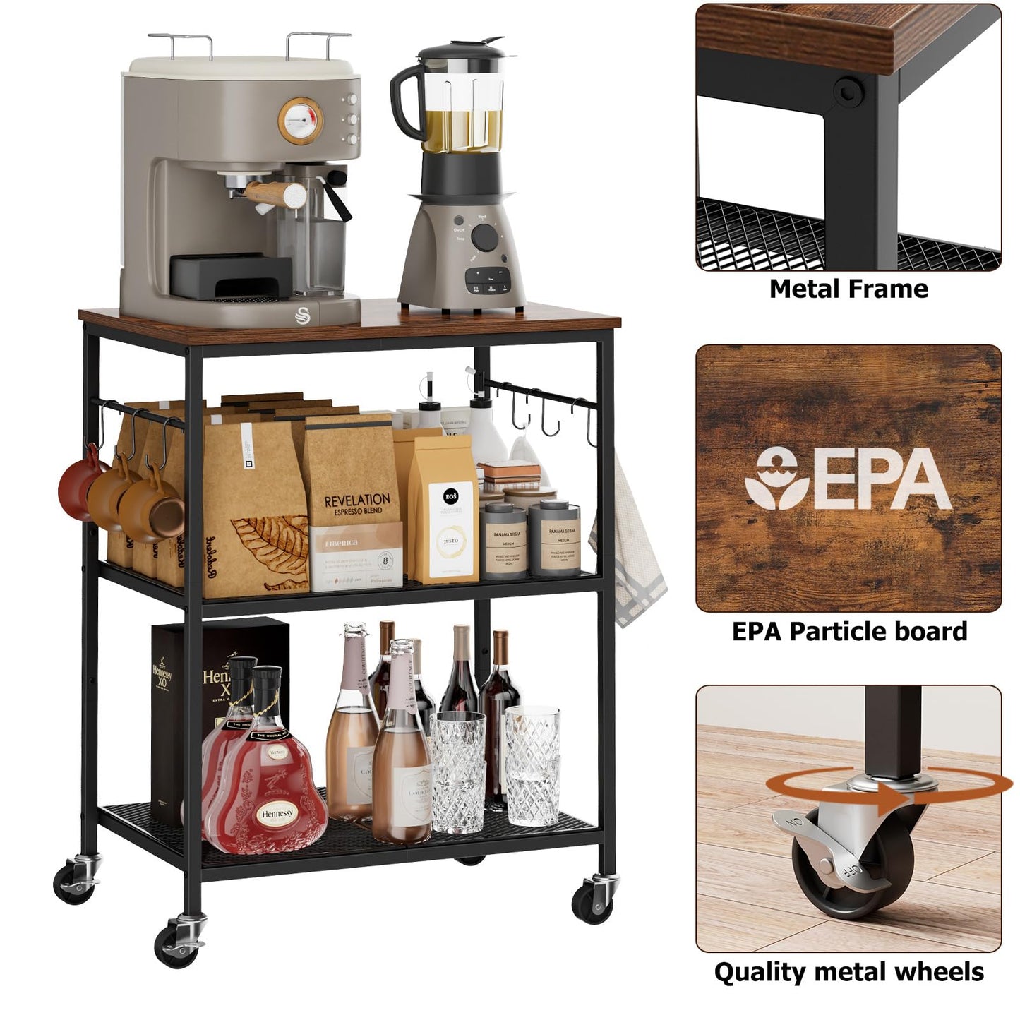 Homleke 3-Tier Rolling Kitchen Microwave Cart, Utility Cart