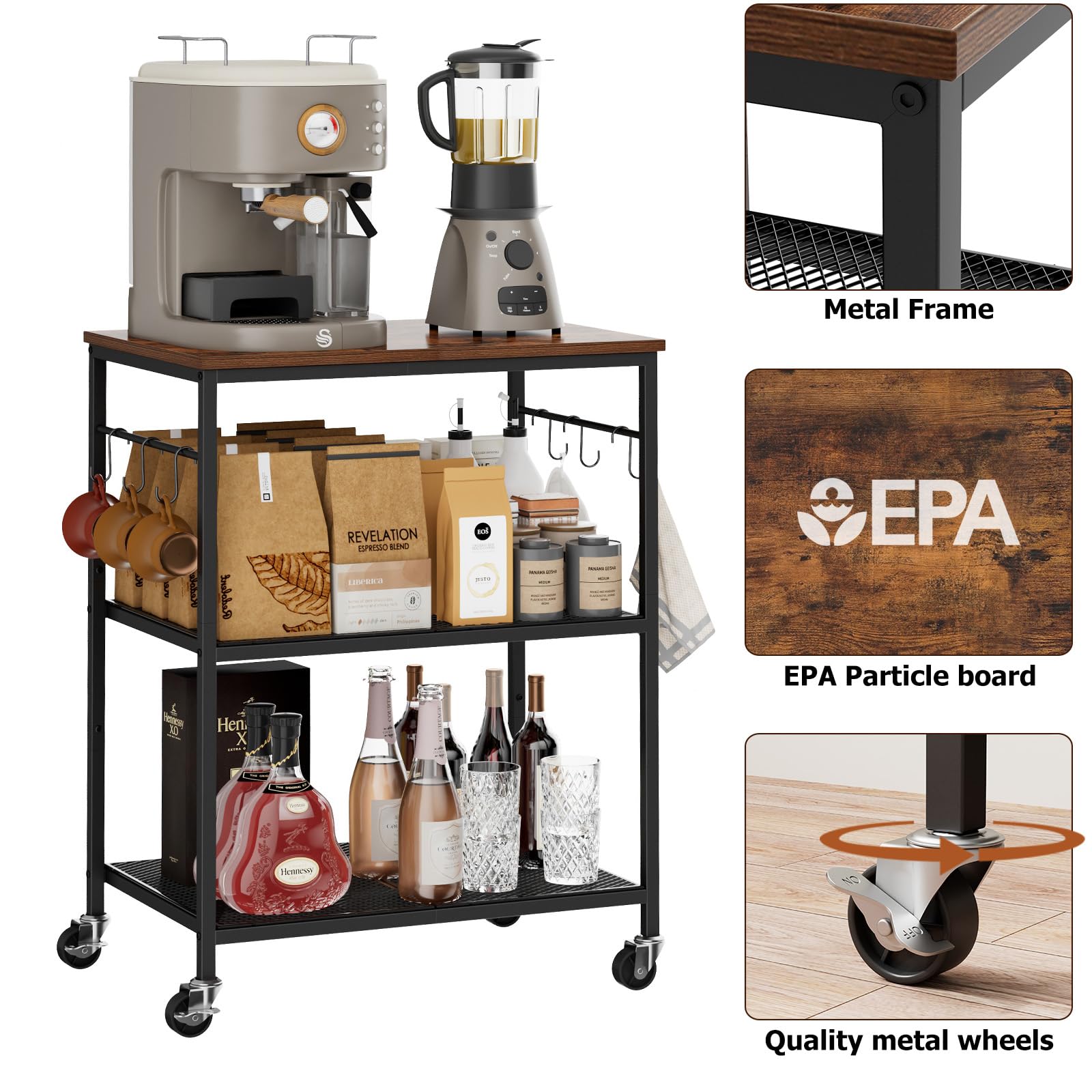 Homleke 3-Tier Rolling Kitchen Microwave Cart, Utility Cart