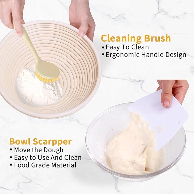 Banneton Bread Proofing Basket Set of 2, 9 Inch Round Sourdough Bread Baking Supplies, Bread Making Starter Kit, Proofing Baskets for Baking, Perfect Baker's Gift Set