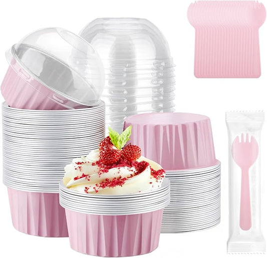 EUSOAR Disposable Creme Brulee Ramekins and Pink Spoons, 60pcs 5oz Mini Cake Cheesecake Pans with Lids, Aluminum Foil Ramekins with Lids Muffin Liners for Party Wedding Birthday Family Gathering